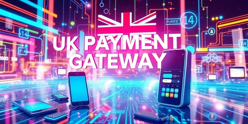 Futuristic UK payment gateways with digital devices and technology.