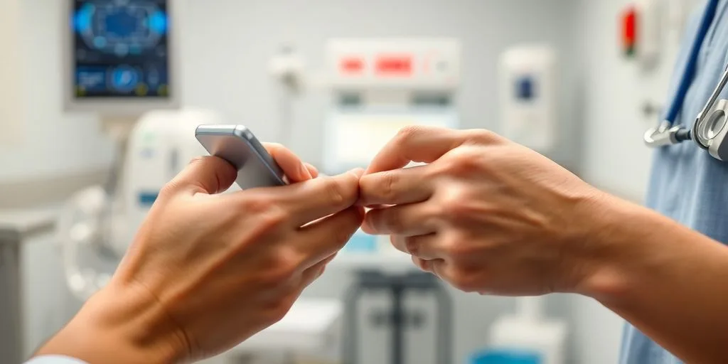 Hands using a smartphone for healthcare payment.