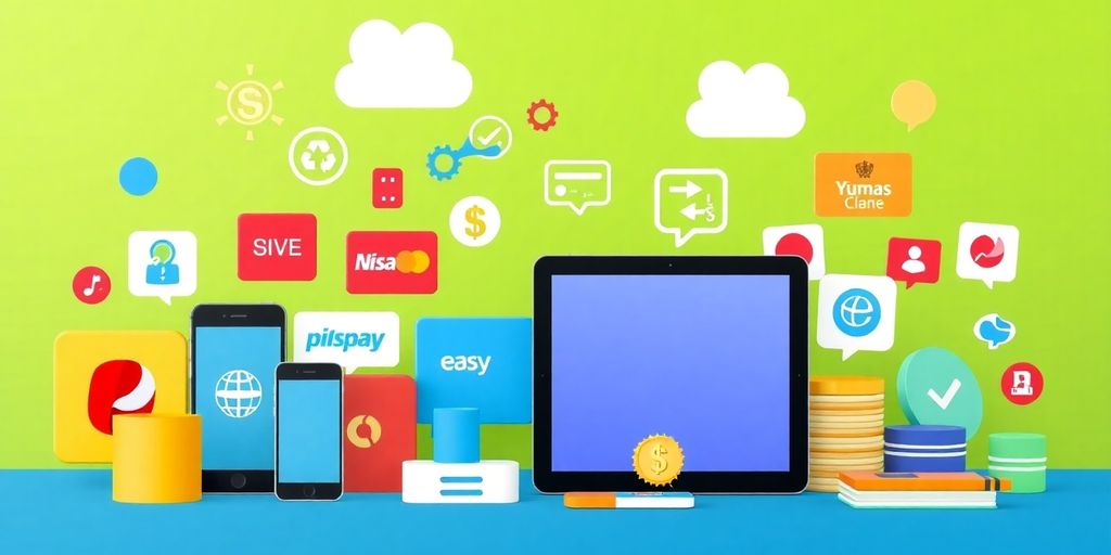 Digital payment icons and devices in a vibrant setting.