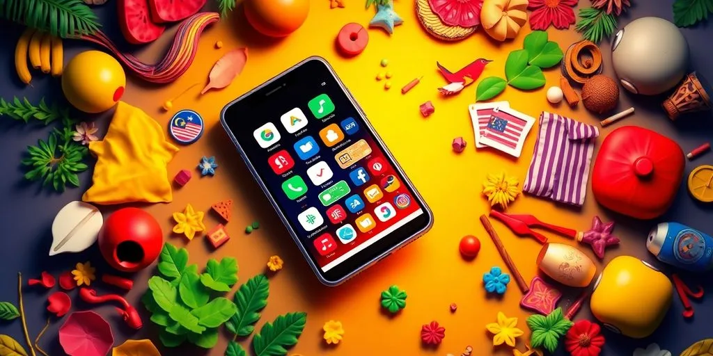 Smartphone with payment apps and Malaysian cultural elements.