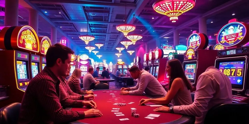 Casino players enjoying games with colorful lights around.