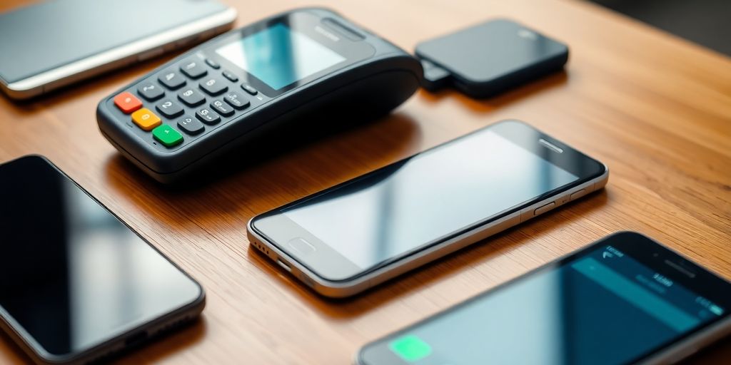 Modern payment processing devices on a wooden table.