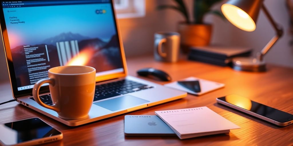 Freelancer workspace with laptop and payment tools.