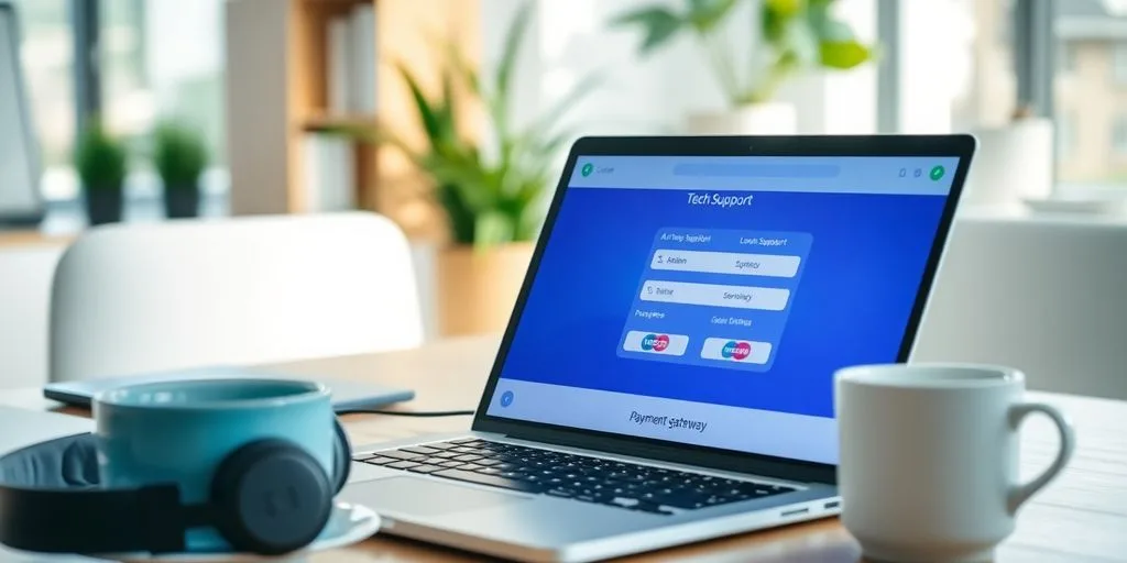 Laptop with payment gateway and tech support items.