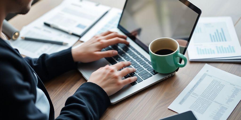 Freelancer working with laptop and documents in workspace.