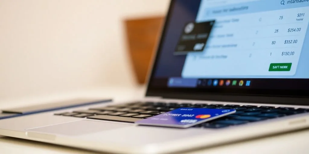 Laptop and credit card focused on online payment process.