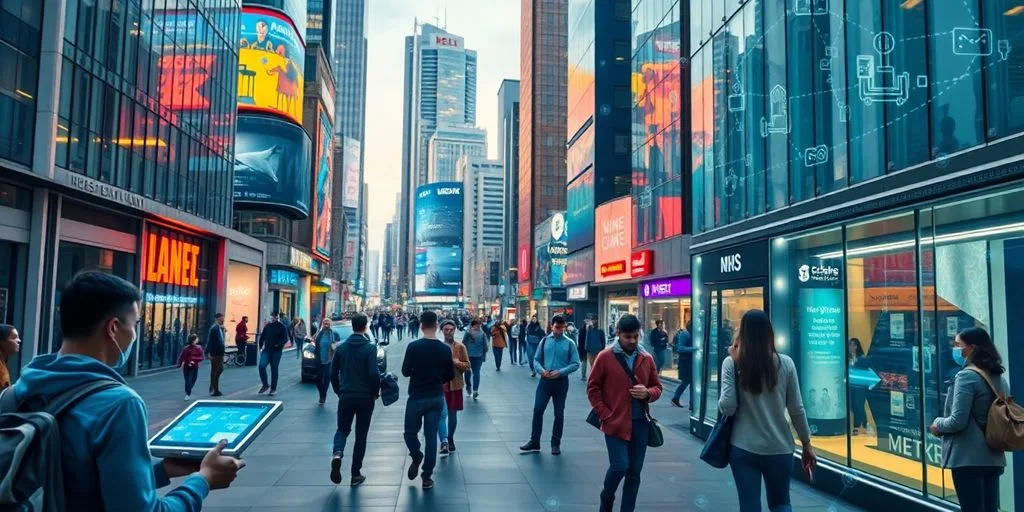 Futuristic cityscape with people using digital payment methods.
