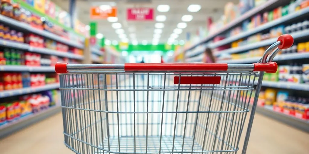Fast-moving shopping cart in a vibrant store aisle.