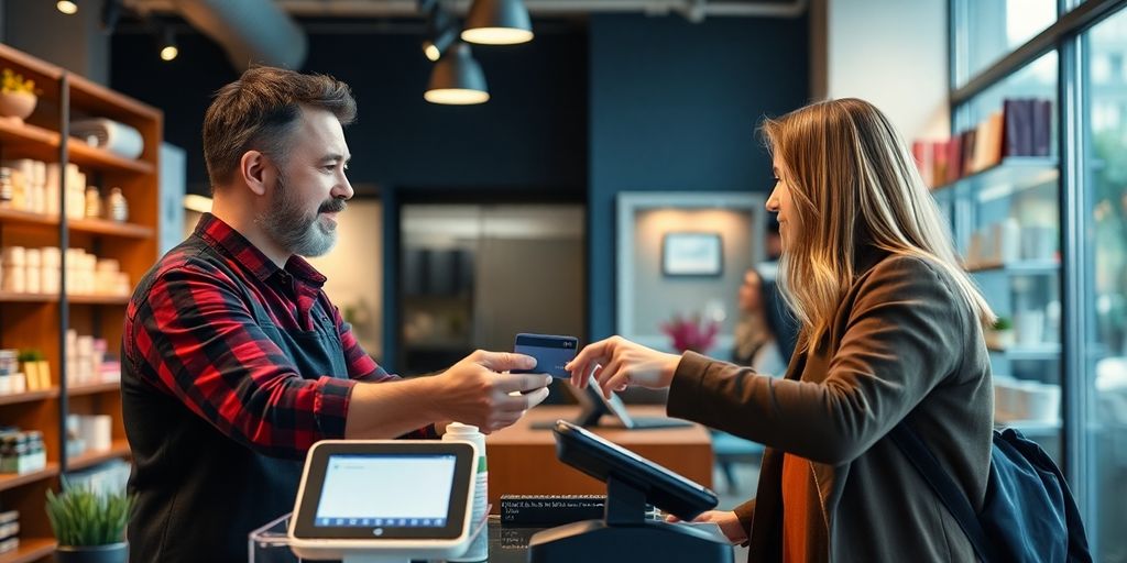Business owner assisting customer with credit card payment.