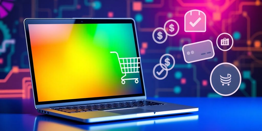 E-commerce setup with laptop and payment gateway icons.