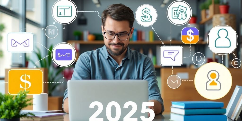 Business owner managing online payments with digital icons.