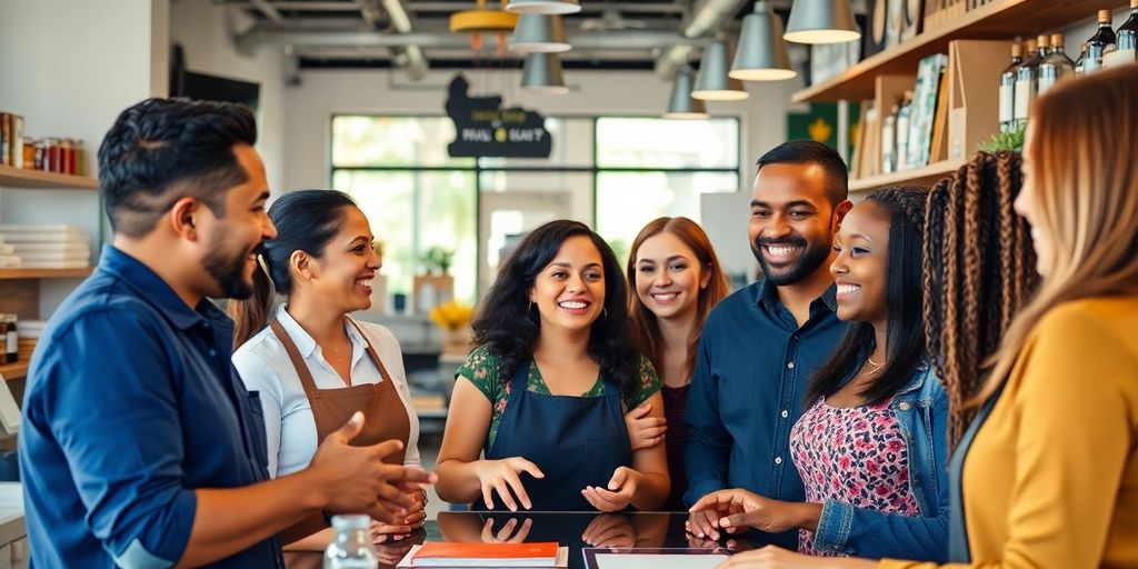 Diverse business owners engaging happily with customers.