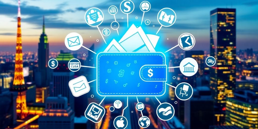 Digital wallet with payment icons against a cityscape background.