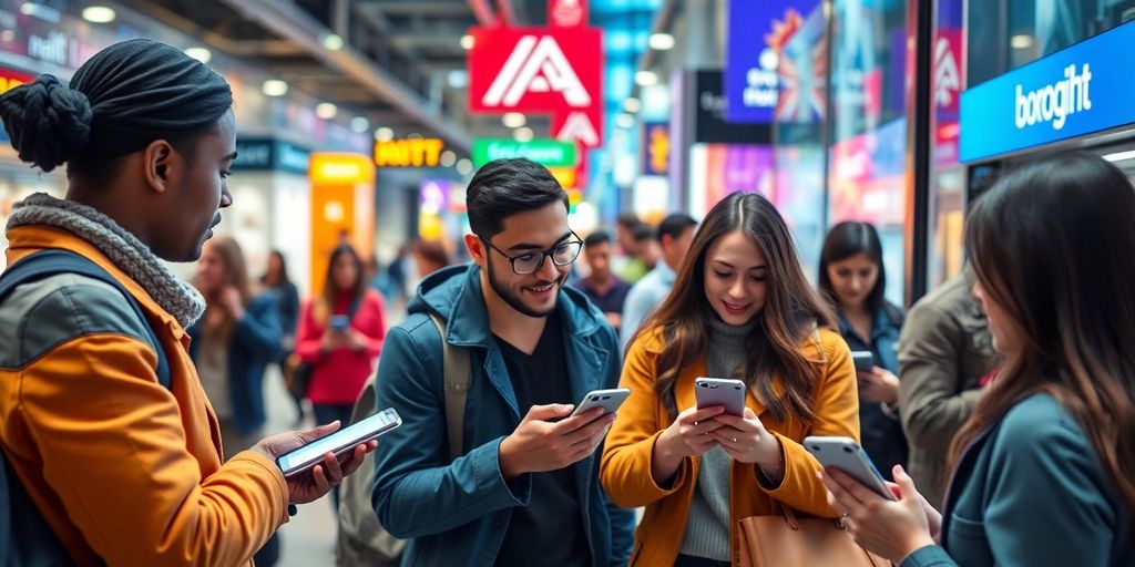 People using digital payments in a modern city.