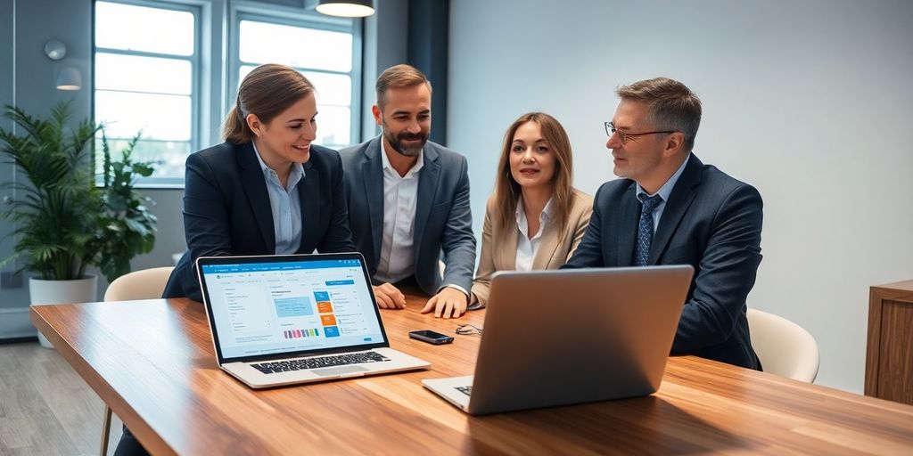 Business team discussing credit card processing solutions in office.