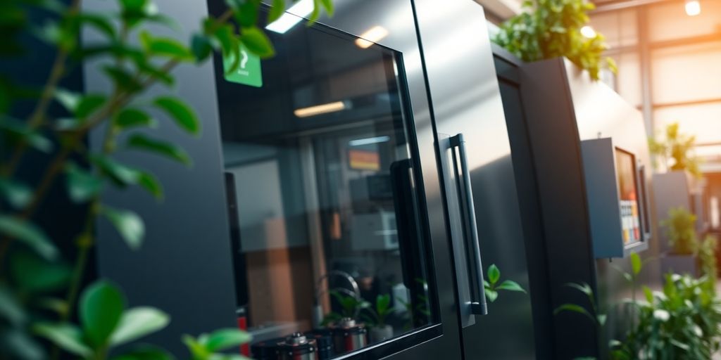 Modern CNC machine integrated with green elements and plants.