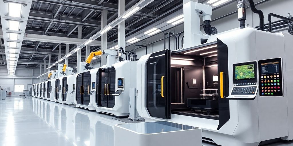 Futuristic C C machines in a modern manufacturing setting.