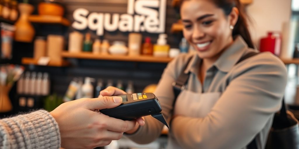 Small business owner using Square payment processor in store.
