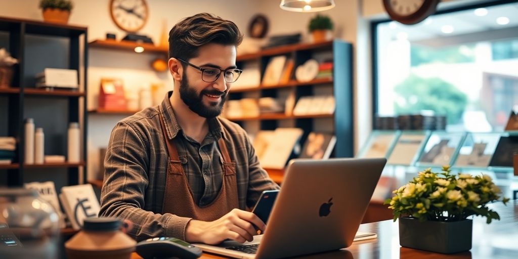 Small business owner with laptop and card reader in shop.