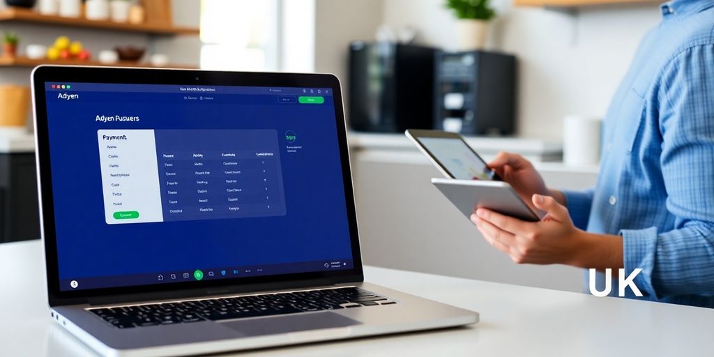 Adyen payment system interface on a laptop and tablet.