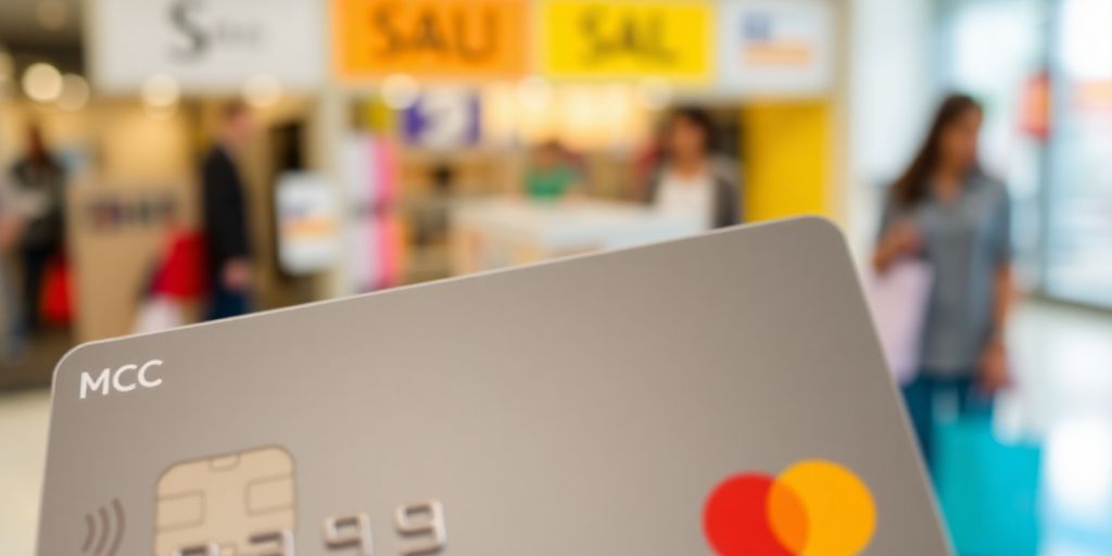 Credit card with MCC code 9399 on blurred shopping background.