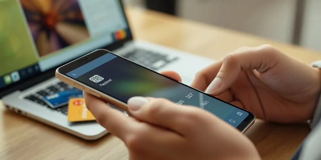 Person making online payment using smartphone and laptop.