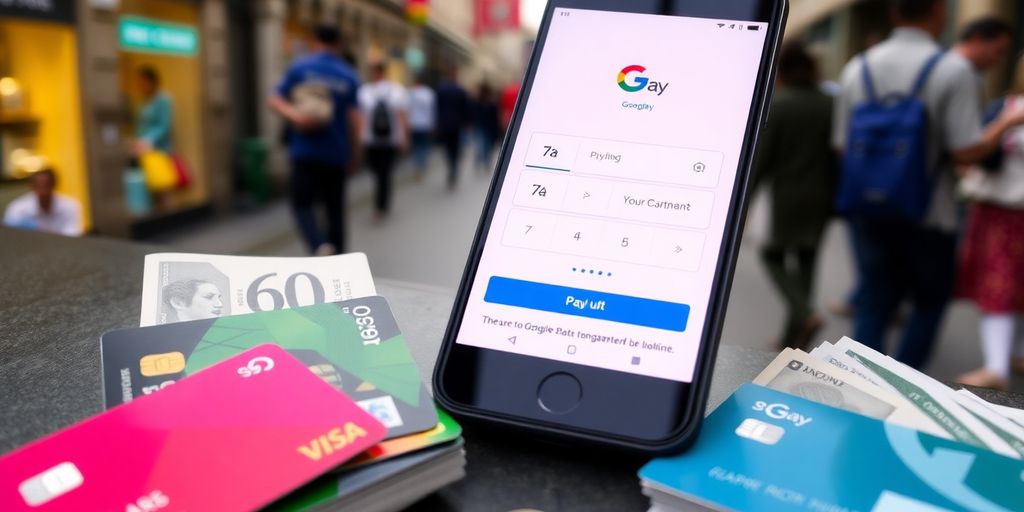 Smartphone with Google Pay and payment cards on a table.