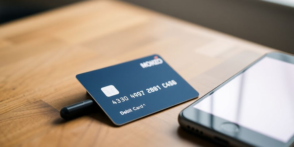 Monzo card and app on a wooden table.