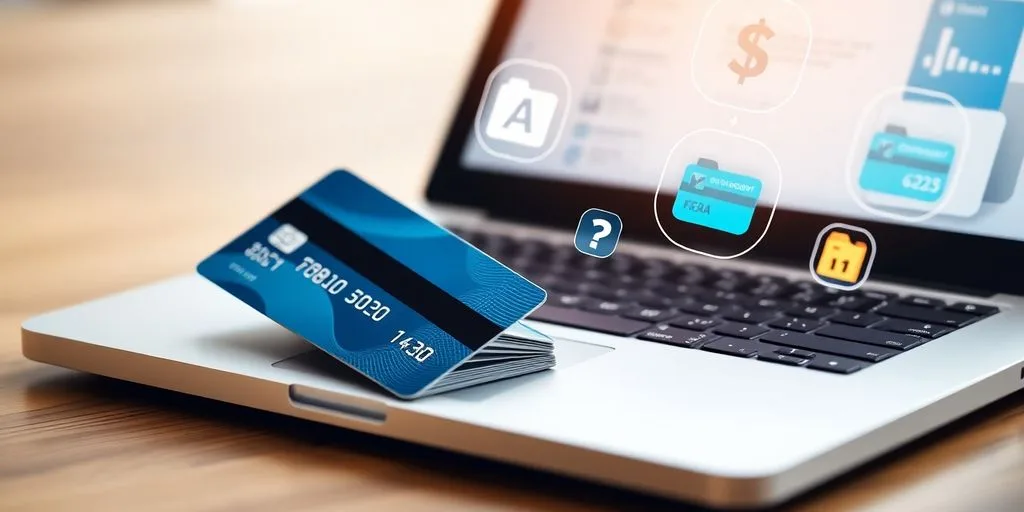 Laptop with credit card and digital payment icons.