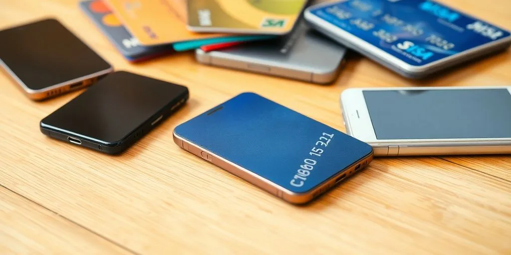 Variety of payment methods on a wooden surface.