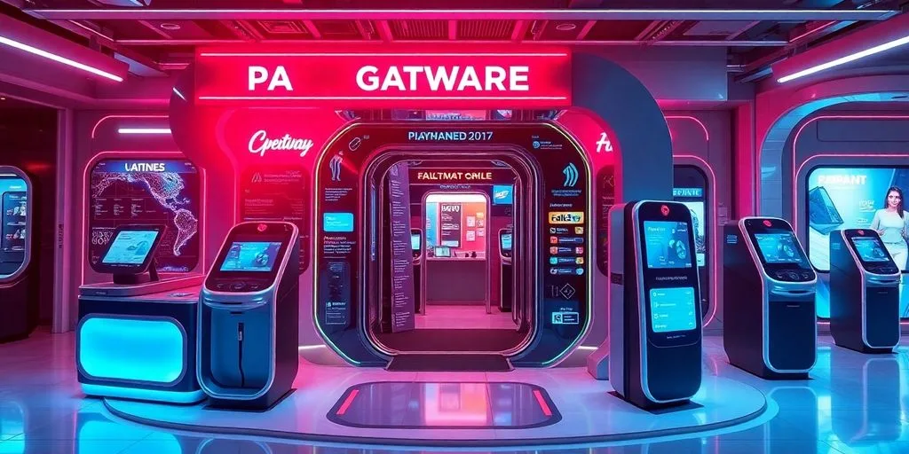 Futuristic payment gateway technology with diverse devices.