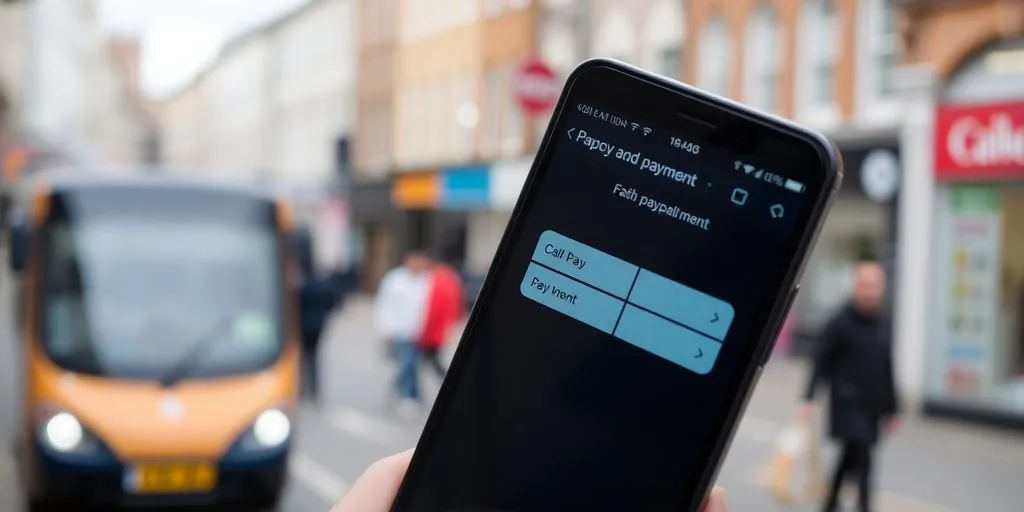 Smartphone with payment app on a busy UK street.