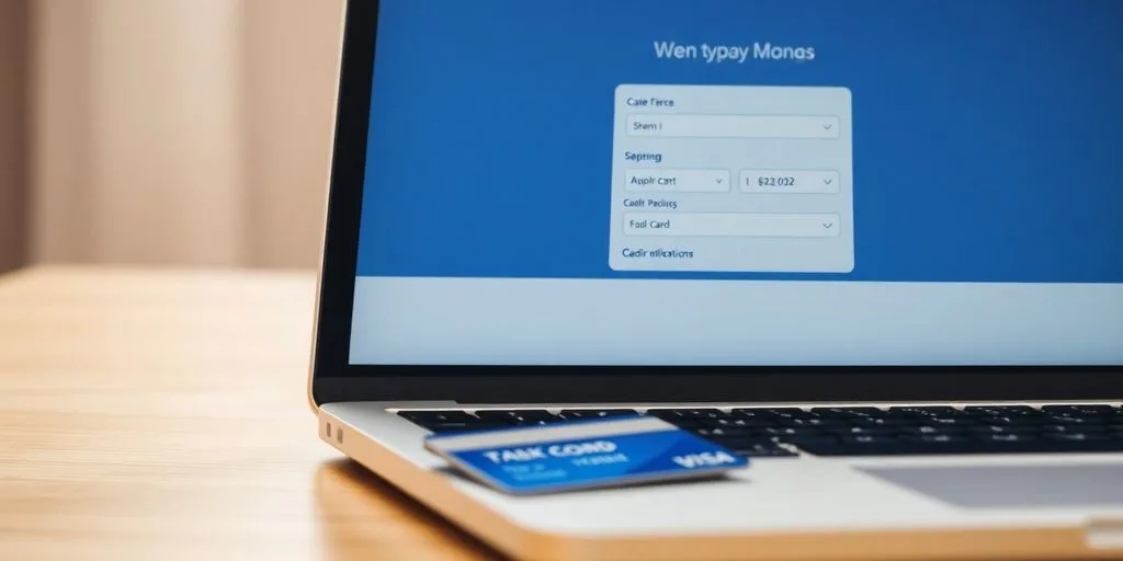 Laptop with online payment gateway and credit card on table.