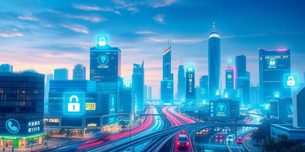 Futuristic skyline with digital payment icons integrated.