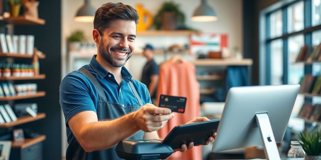 Happy business owner with credit card terminal in store.