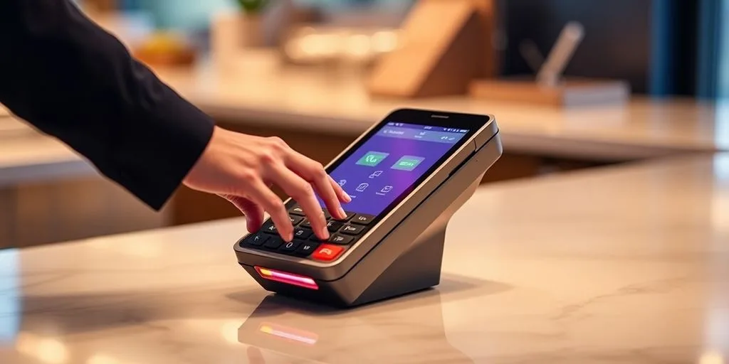 Ingenico Move 5000 terminal on a countertop with hand.
