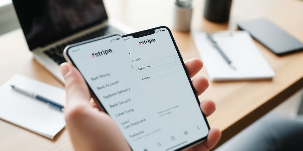 Smartphone displaying bank account settings on Stripe app.