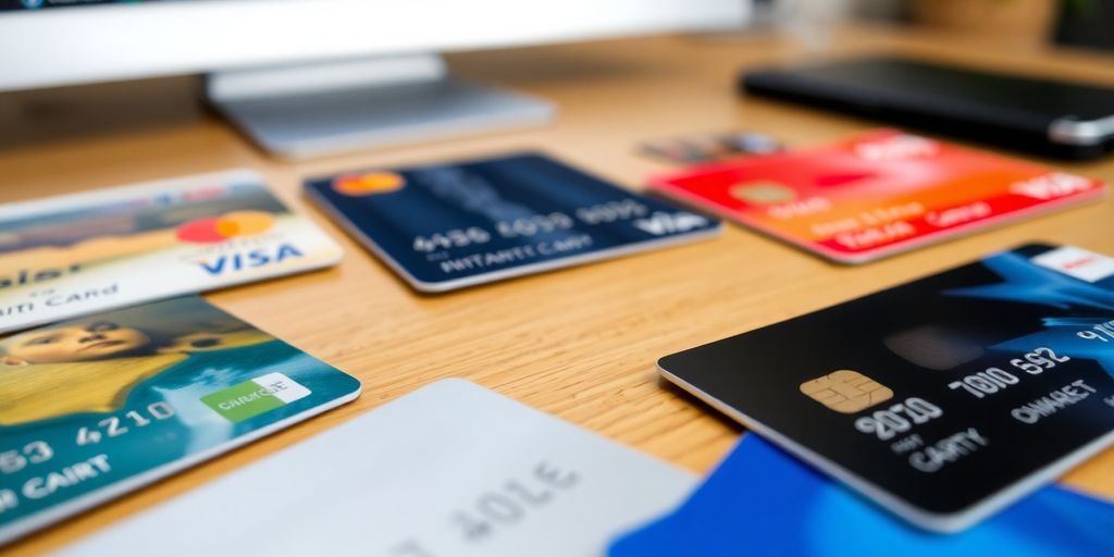 Close-up of colorful credit cards on a wooden table.