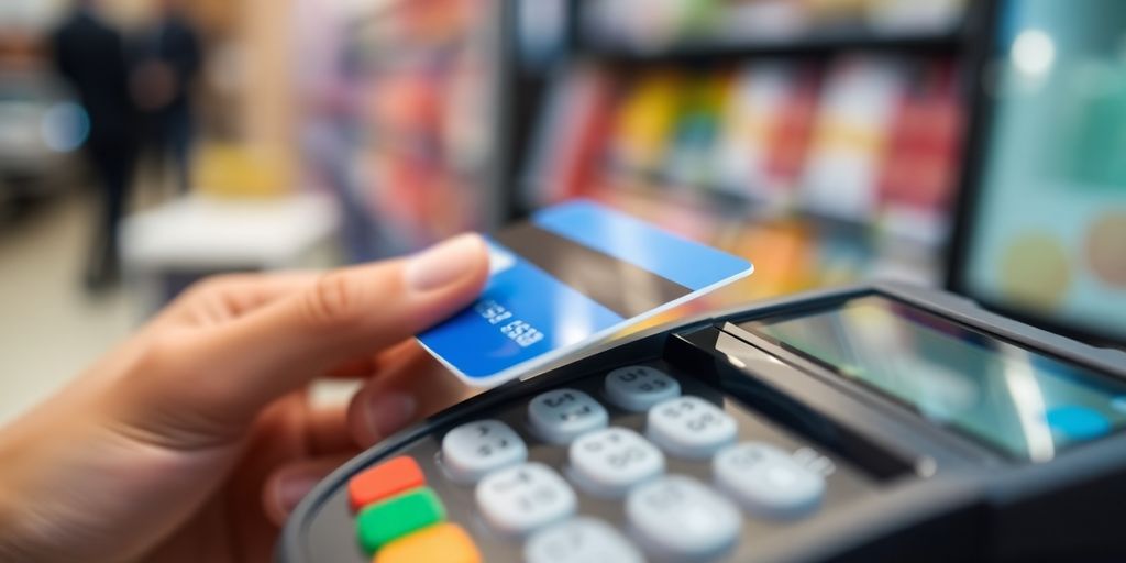 Credit card being processed at a point of sale terminal.