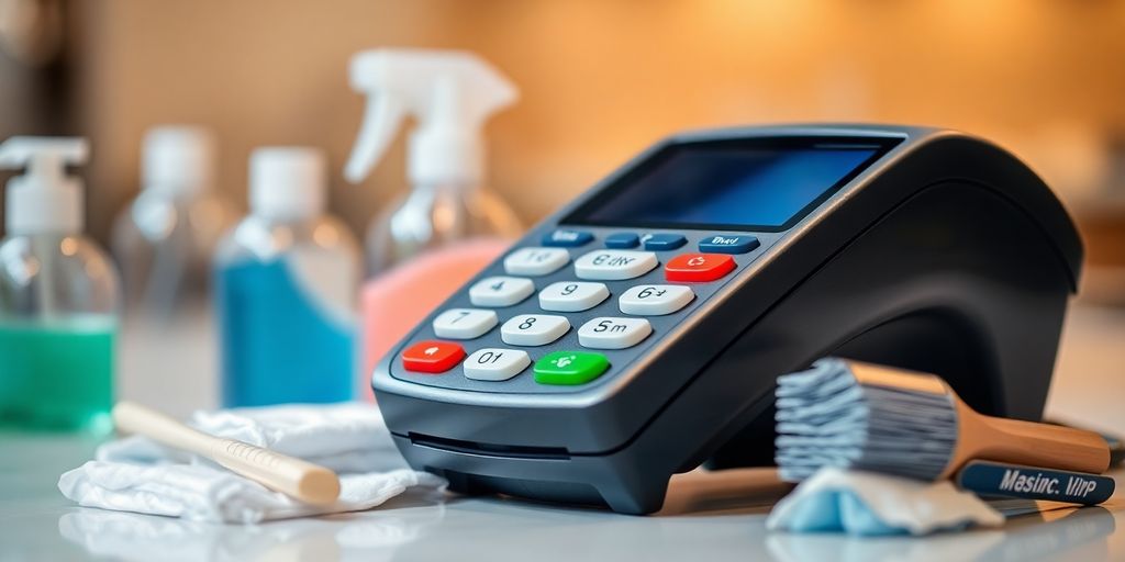 Clean card reader with cleaning supplies beside it.
