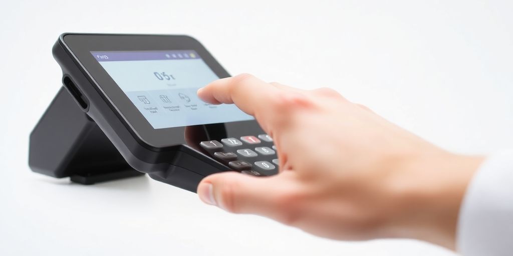 Close-up of FD150 terminal during transaction processing.
