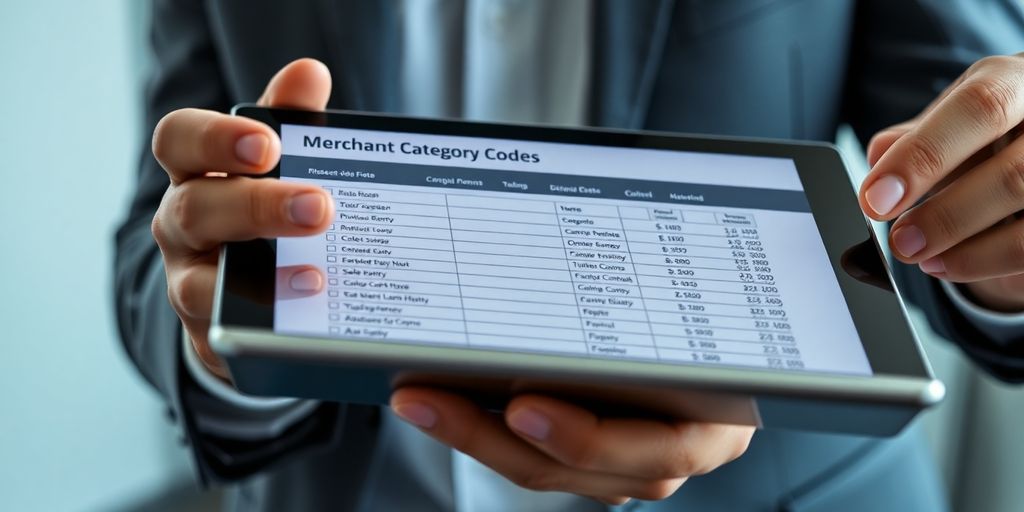 Business owner reviewing merchant category codes on a tablet.