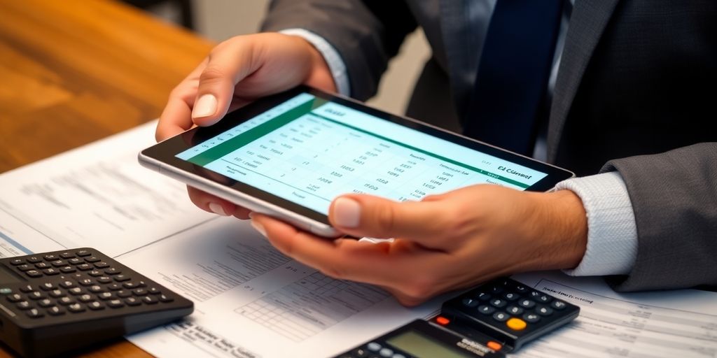 Business owner reviewing merchant category codes on a device.