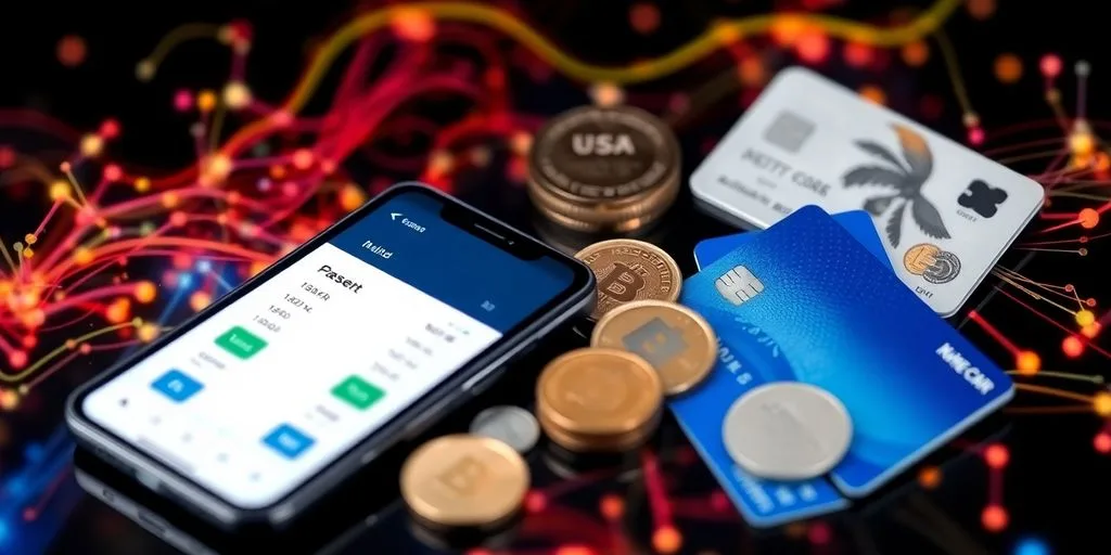 Smartphone with digital payment interface and credit cards.