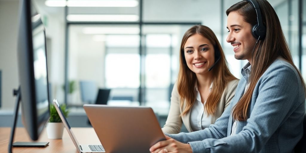 Customer service representative helping client via laptop.