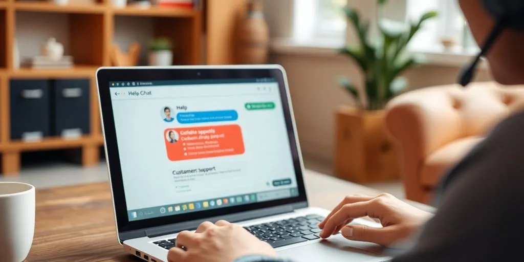 Person on laptop engaging with customer support online.