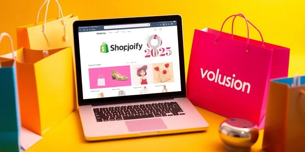 Laptop with Shopify and Volusion eCommerce interfaces displayed.