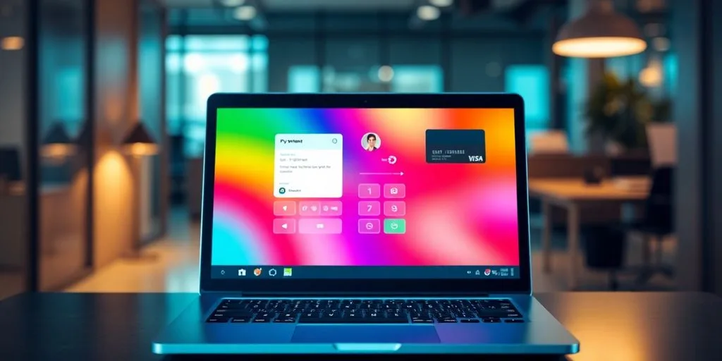 Laptop with payment processing interface in a modern office.