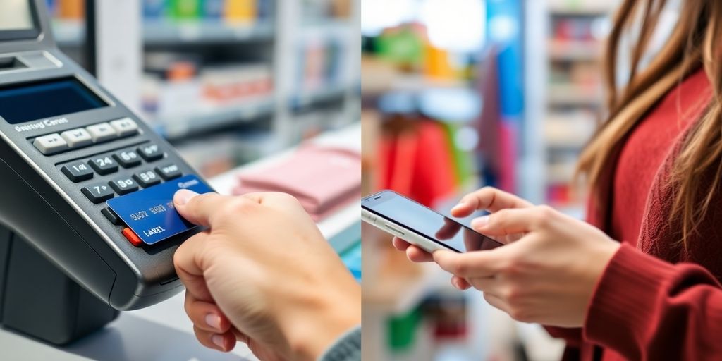 Credit card swiping and online entry comparison image.