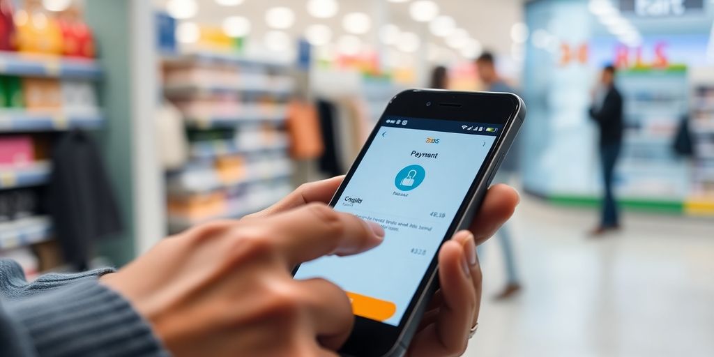 Smartphone with digital payment interface in retail setting.